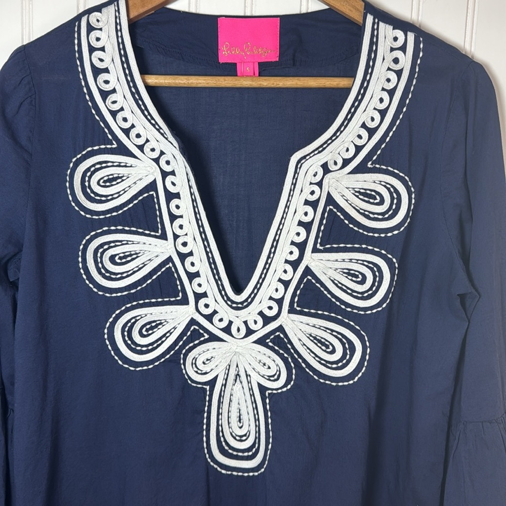 Lilly Pulitzer Navy Blue White Swim Bathing Suit Coverup Embroidered Dress Small - Picture 3 of 9